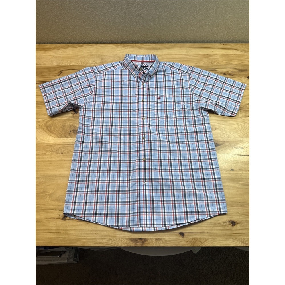 Ariat Pro Series Shirt Mens Large Blue Red Plaid Short Sleeve Button Down Flint